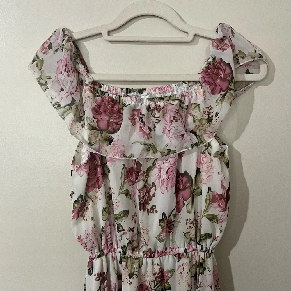 Girls White Maxi Dress with Pink Floral Print and Ruffle Neck